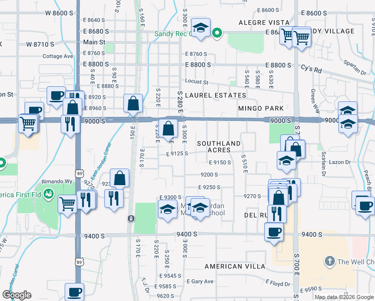 map of restaurants, bars, coffee shops, grocery stores, and more near 311 East 9125 South in Sandy