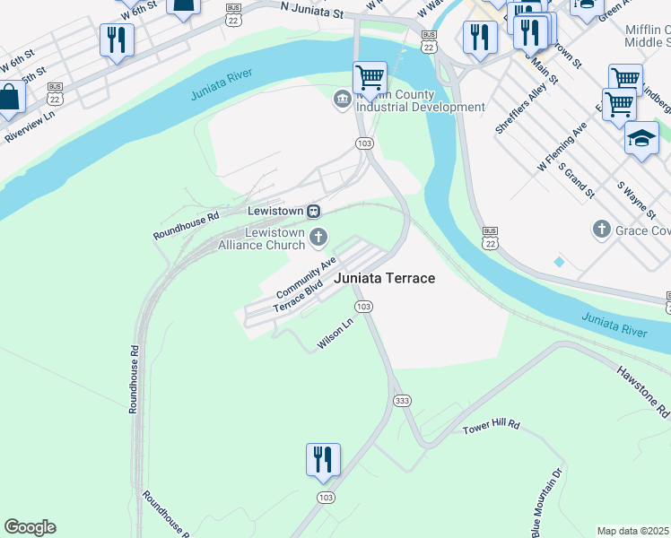 map of restaurants, bars, coffee shops, grocery stores, and more near 122 Terrace Boulevard in Lewistown