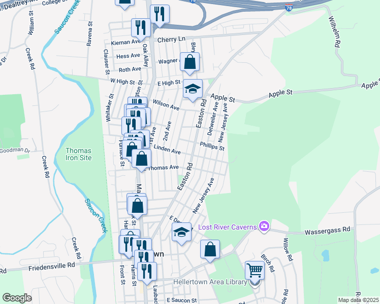 map of restaurants, bars, coffee shops, grocery stores, and more near 1200 Easton Road in Hellertown