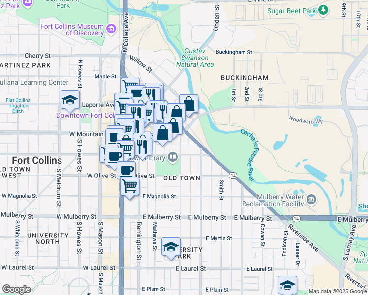 map of restaurants, bars, coffee shops, grocery stores, and more near 340 East Oak Street in Fort Collins