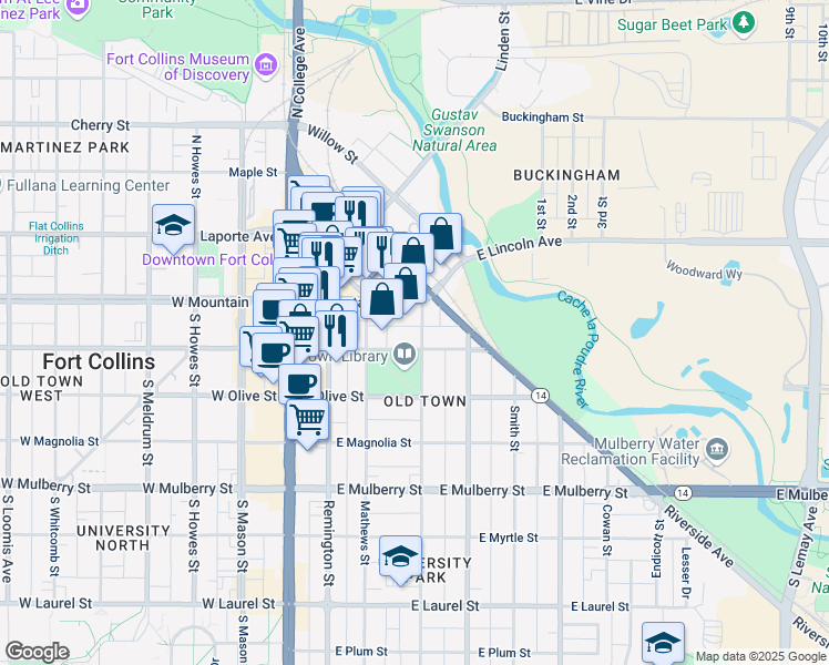 map of restaurants, bars, coffee shops, grocery stores, and more near 340 East Oak Street in Fort Collins