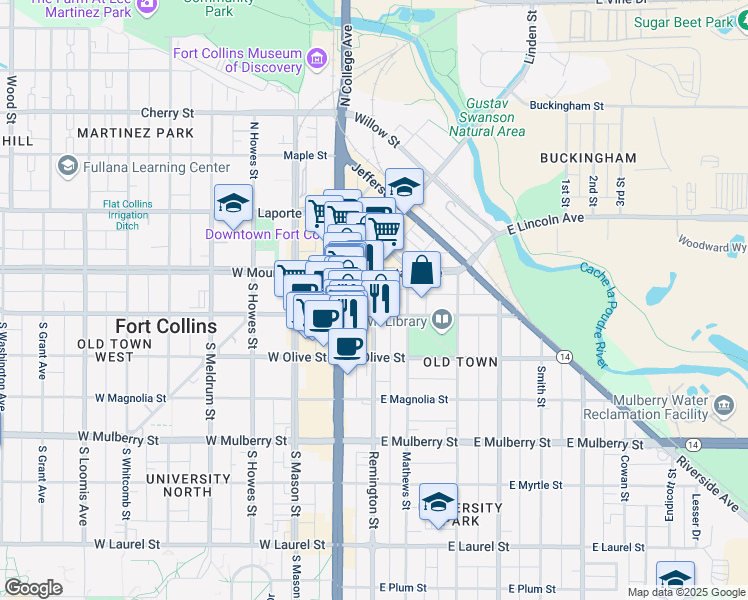 map of restaurants, bars, coffee shops, grocery stores, and more near 215 East Oak Street in Fort Collins