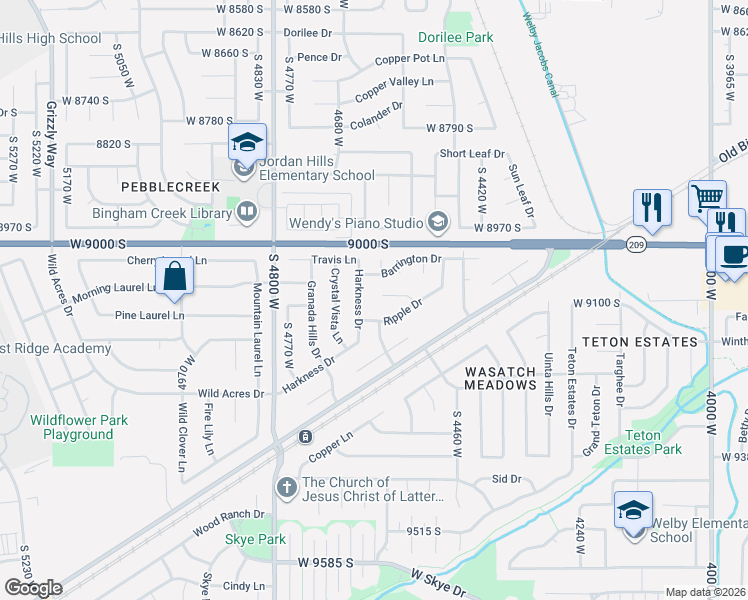 map of restaurants, bars, coffee shops, grocery stores, and more near 4604 Ripple Drive in West Jordan