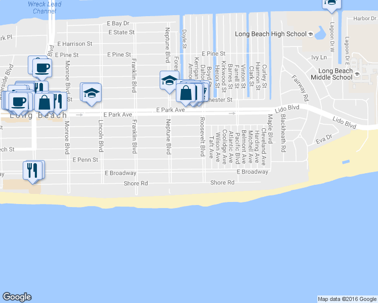 map of restaurants, bars, coffee shops, grocery stores, and more near 636 East Penn Street in Long Beach
