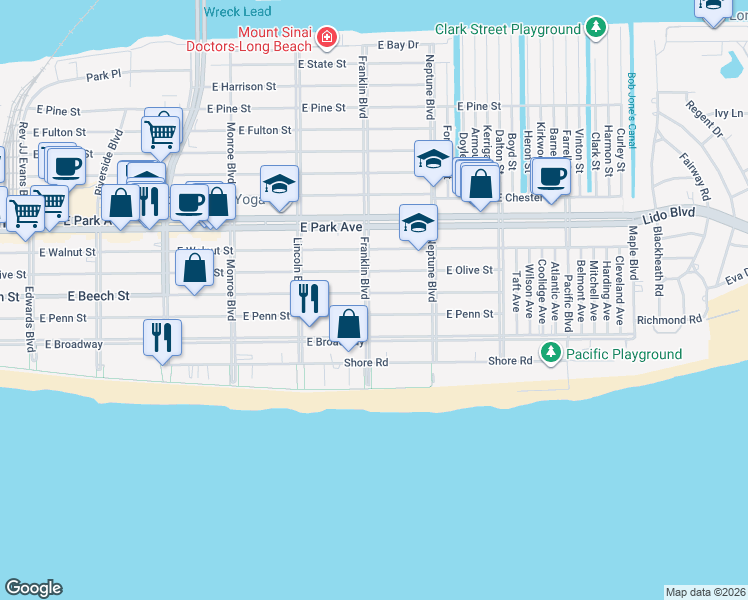 map of restaurants, bars, coffee shops, grocery stores, and more near 117 Franklin Boulevard in Long Beach