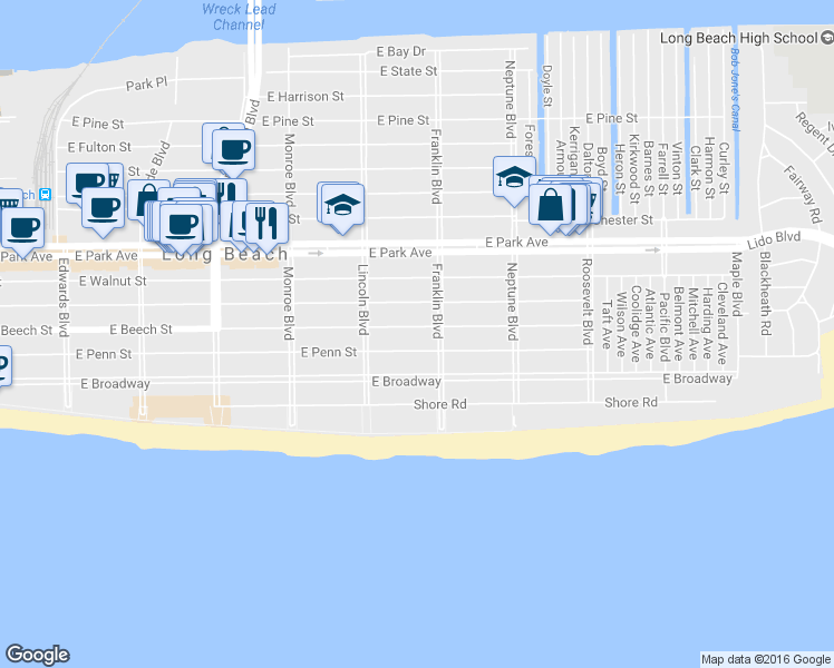 map of restaurants, bars, coffee shops, grocery stores, and more near 117 Franklin Boulevard in Long Beach