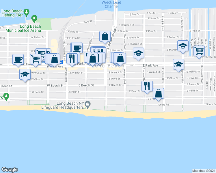 map of restaurants, bars, coffee shops, grocery stores, and more near 214 East Penn Street in Long Beach