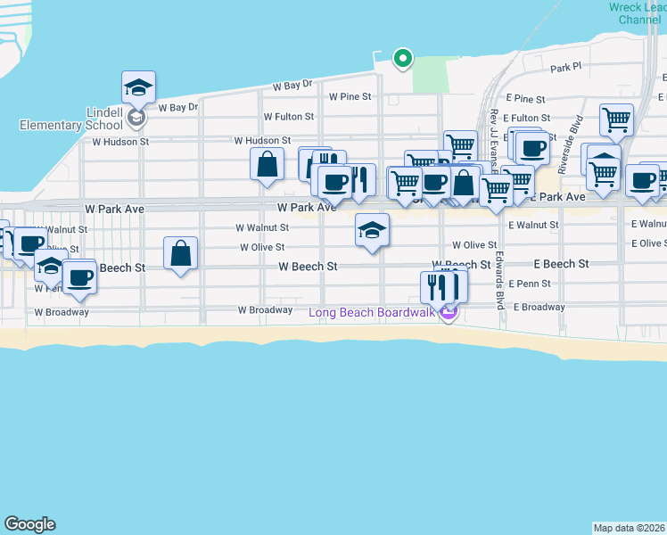 map of restaurants, bars, coffee shops, grocery stores, and more near 204 Laurelton Boulevard in Long Beach