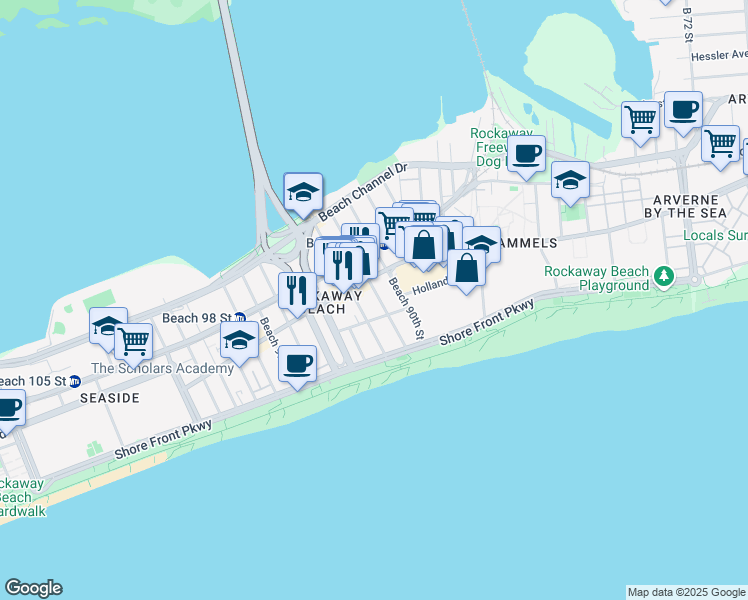map of restaurants, bars, coffee shops, grocery stores, and more near 92-04 Holland Avenue in Queens