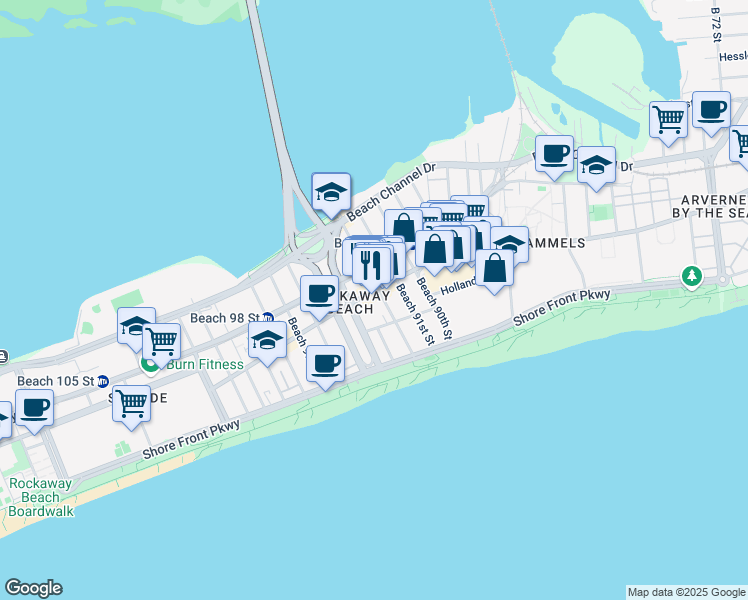 map of restaurants, bars, coffee shops, grocery stores, and more near 92-04 Holland Avenue in Queens