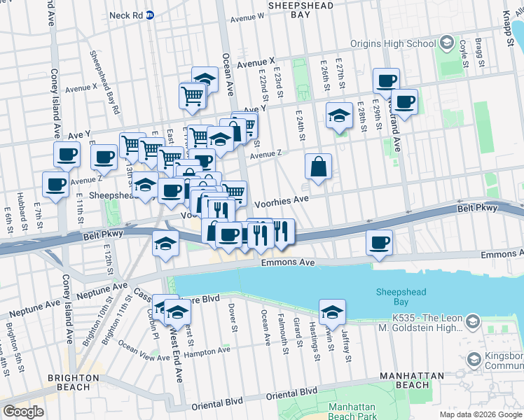 map of restaurants, bars, coffee shops, grocery stores, and more near 3093 Ocean Avenue in Brooklyn