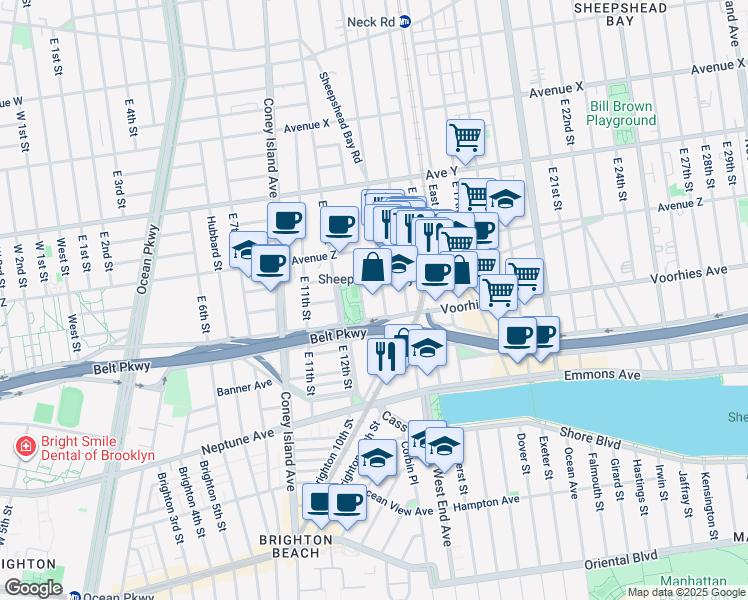 map of restaurants, bars, coffee shops, grocery stores, and more near 3225 Shore Parkway in Brooklyn