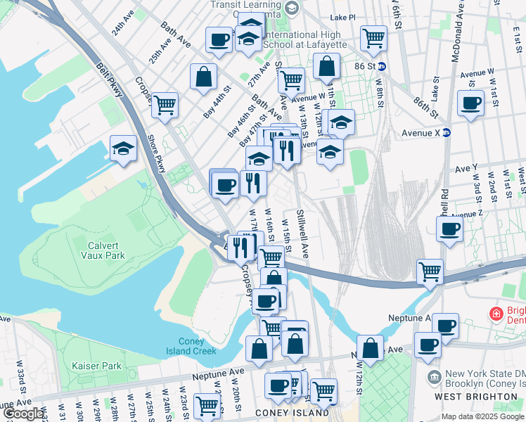 map of restaurants, bars, coffee shops, grocery stores, and more near 2551 West 17th Street in Brooklyn