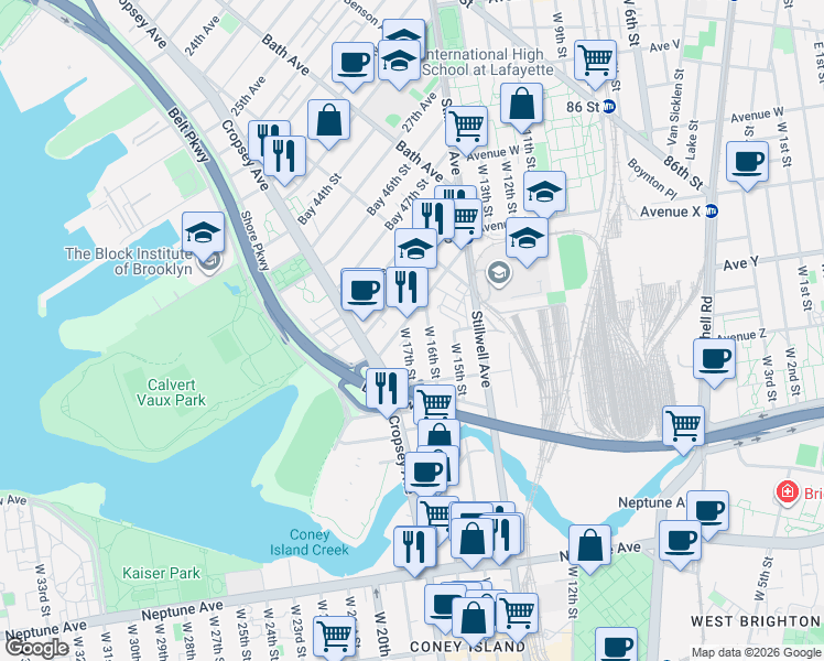 map of restaurants, bars, coffee shops, grocery stores, and more near 2551 West 17th Street in Brooklyn