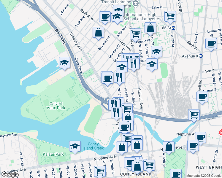 map of restaurants, bars, coffee shops, grocery stores, and more near 2821-2825 Cropsey Avenue in Brooklyn