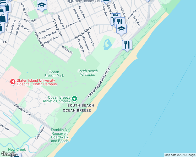 map of restaurants, bars, coffee shops, grocery stores, and more near 599 Father Capodanno Boulevard in Staten Island
