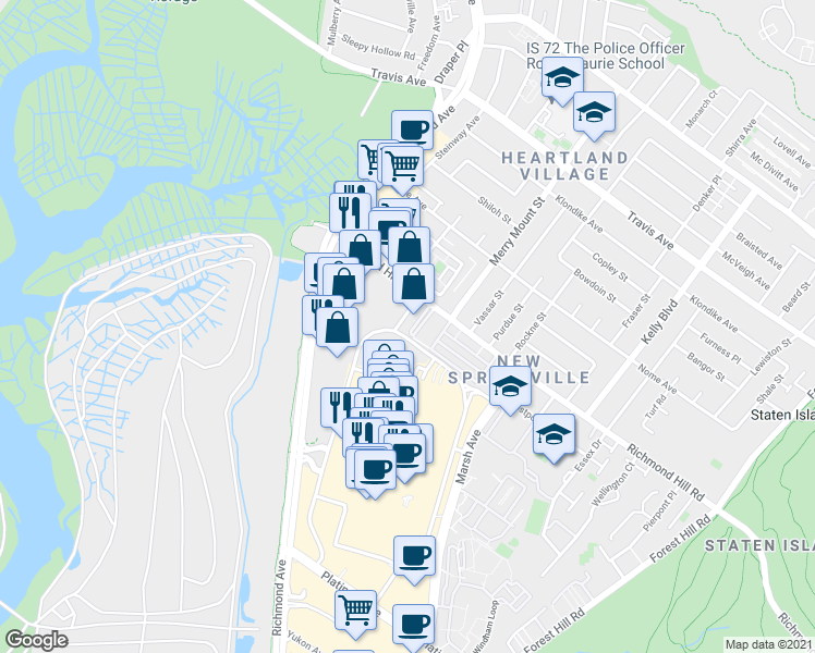 map of restaurants, bars, coffee shops, grocery stores, and more near 60 Racal Court in Staten Island