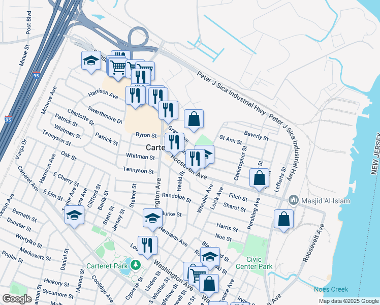 map of restaurants, bars, coffee shops, grocery stores, and more near 66 Lincoln Avenue in Carteret