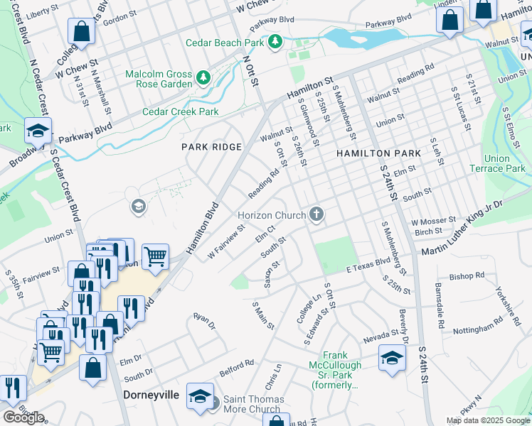 map of restaurants, bars, coffee shops, grocery stores, and more near 2757 Elm Court in Allentown