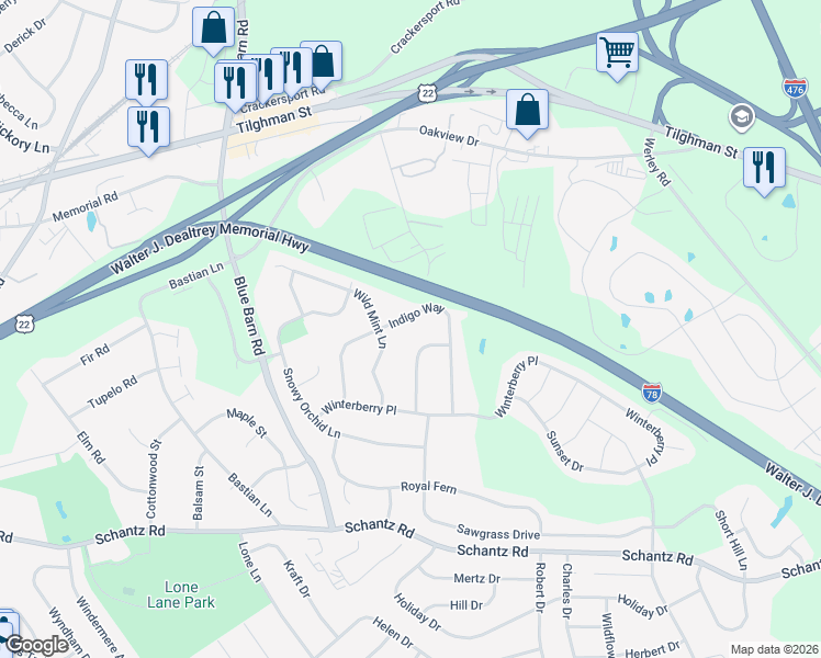 map of restaurants, bars, coffee shops, grocery stores, and more near 446 Sawgrass Drive in Allentown