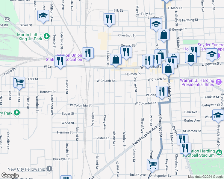 map of restaurants, bars, coffee shops, grocery stores, and more near 242 Olney Avenue in Marion