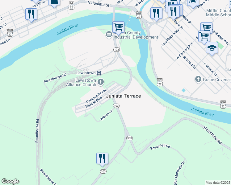 map of restaurants, bars, coffee shops, grocery stores, and more near 36 Delaware Avenue in Lewistown