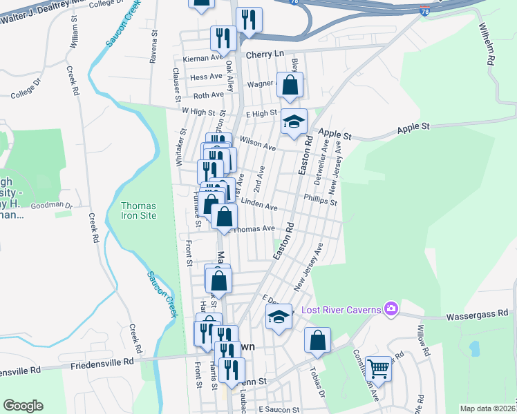 map of restaurants, bars, coffee shops, grocery stores, and more near 1125 2nd Avenue in Hellertown