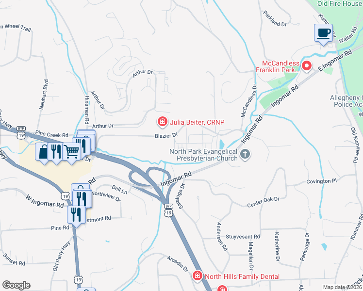 map of restaurants, bars, coffee shops, grocery stores, and more near 551 Blazier Drive in Wexford