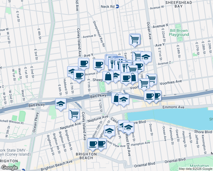 map of restaurants, bars, coffee shops, grocery stores, and more near 2665 Homecrest Avenue in Brooklyn