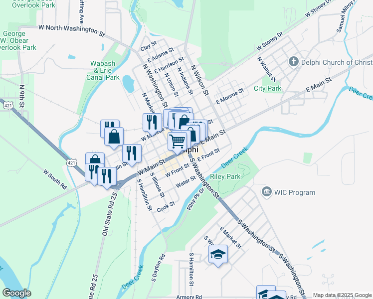 map of restaurants, bars, coffee shops, grocery stores, and more near 101 West Main Street in Delphi