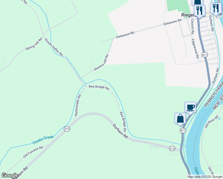 map of restaurants, bars, coffee shops, grocery stores, and more near 247 Red Bridge Road in Kintnersville