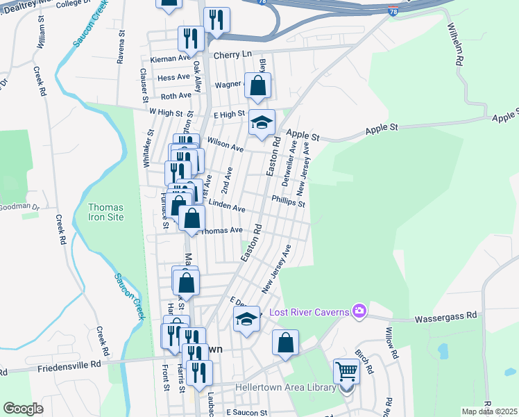 map of restaurants, bars, coffee shops, grocery stores, and more near 1200 Easton Road in Hellertown