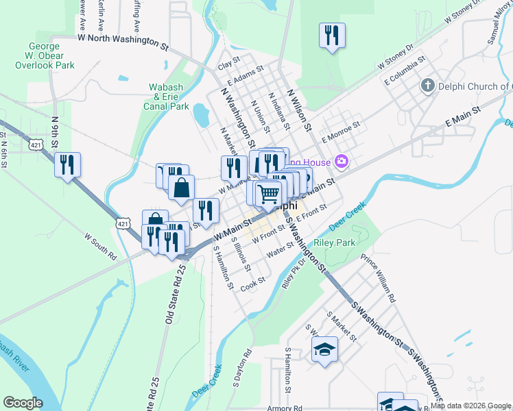map of restaurants, bars, coffee shops, grocery stores, and more near 253 West Main Street in Delphi