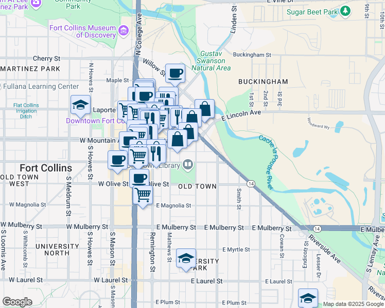 map of restaurants, bars, coffee shops, grocery stores, and more near 340 East Oak Street in Fort Collins