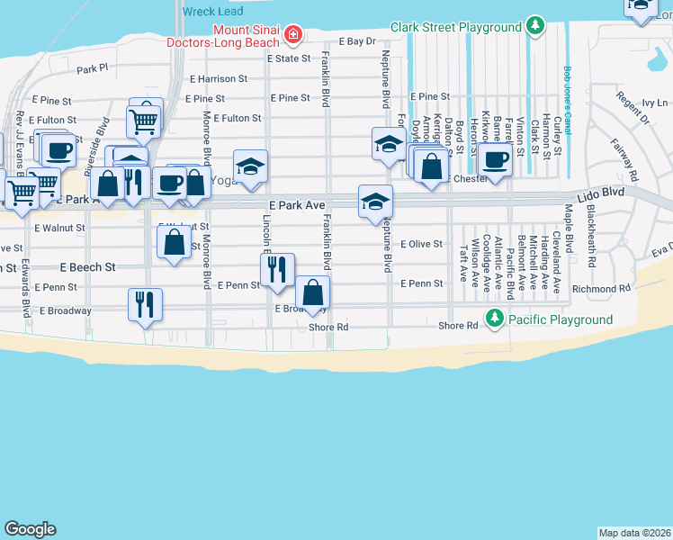 map of restaurants, bars, coffee shops, grocery stores, and more near 117 Franklin Boulevard in Long Beach