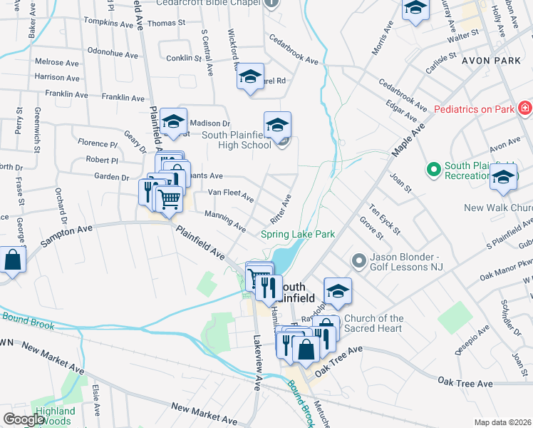 map of restaurants, bars, coffee shops, grocery stores, and more near 308 Fairlamb Avenue in South Plainfield