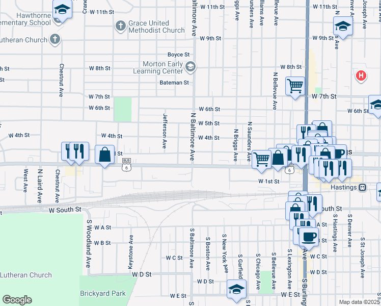 map of restaurants, bars, coffee shops, grocery stores, and more near 1599 West 3rd Street in Hastings