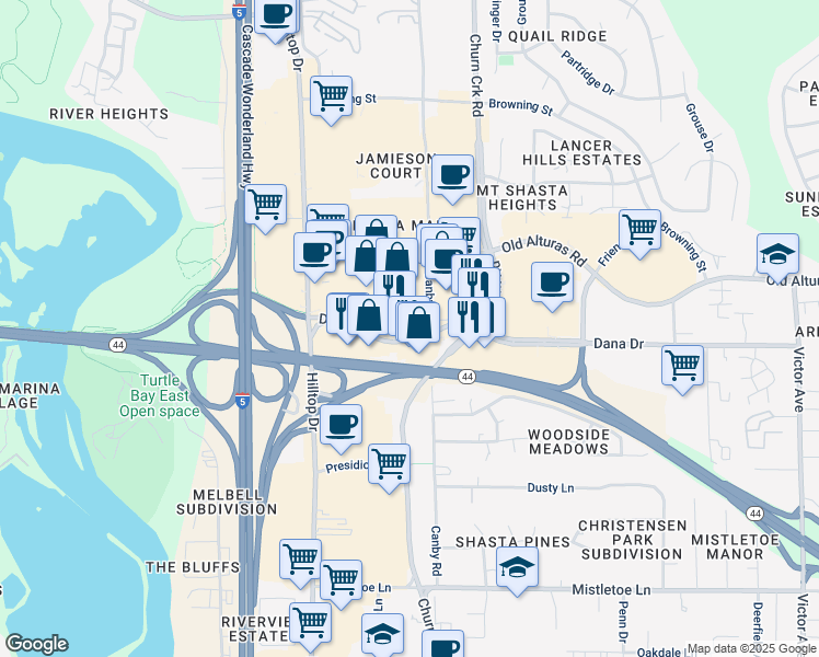 map of restaurants, bars, coffee shops, grocery stores, and more near 981 Dana Drive in Redding