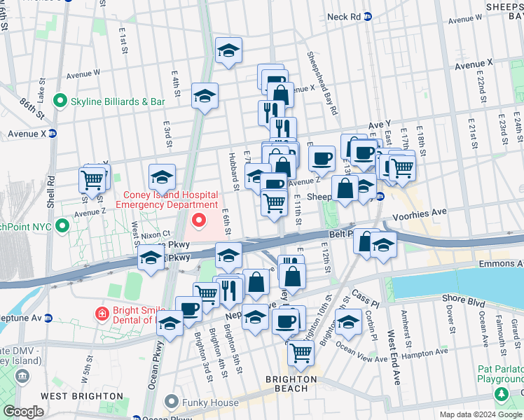 map of restaurants, bars, coffee shops, grocery stores, and more near 710 Manor Court in Brooklyn