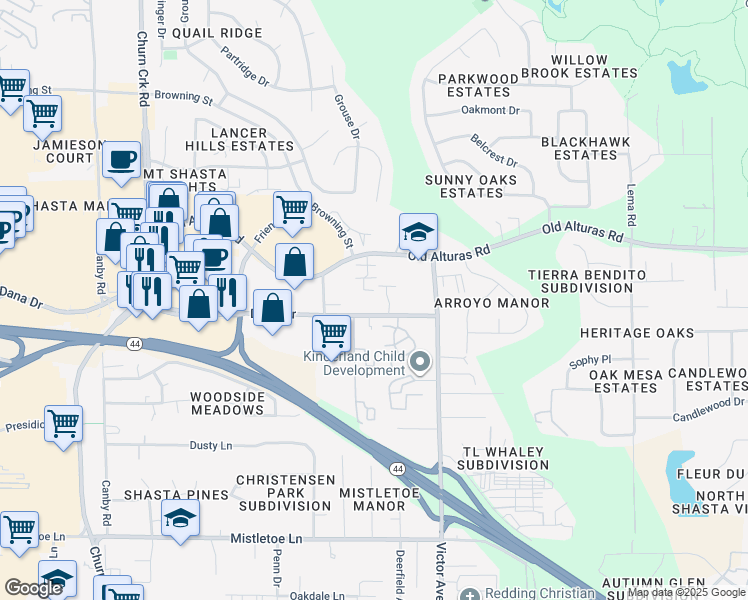 map of restaurants, bars, coffee shops, grocery stores, and more near 1605 Dana Drive in Redding