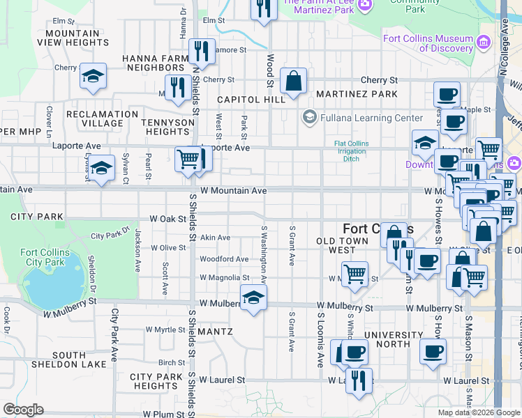 map of restaurants, bars, coffee shops, grocery stores, and more near 200 South Washington Avenue in Fort Collins