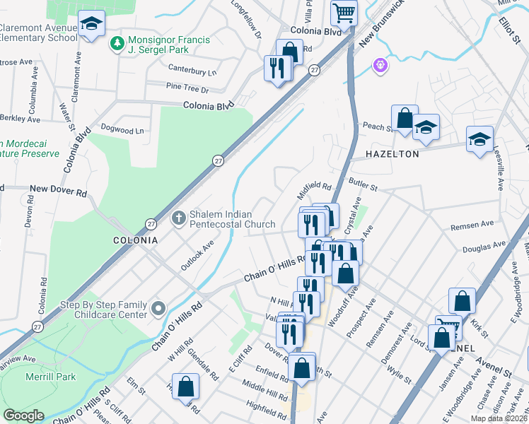 map of restaurants, bars, coffee shops, grocery stores, and more near 169 McFarlane Road in Woodbridge Township