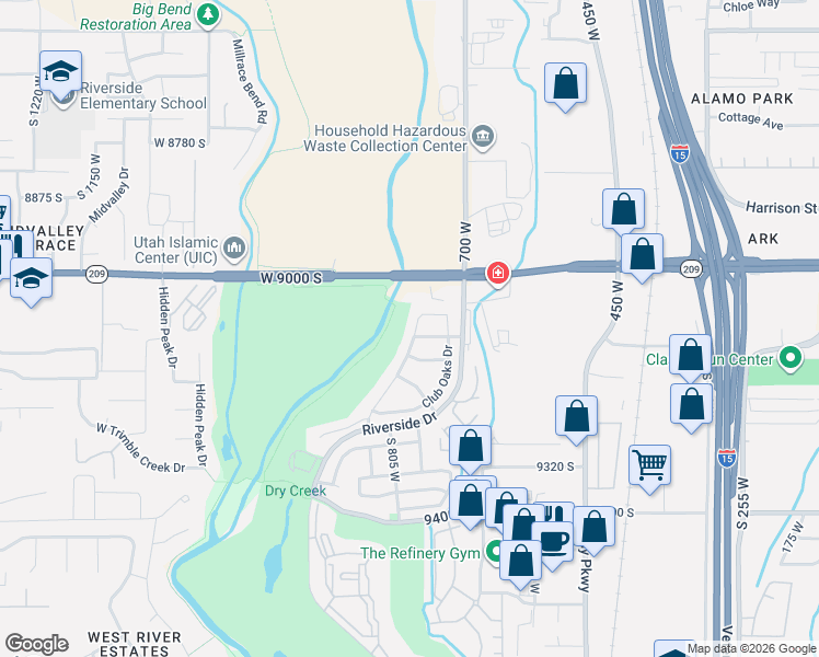 map of restaurants, bars, coffee shops, grocery stores, and more near 758 Oak Green Drive in Sandy