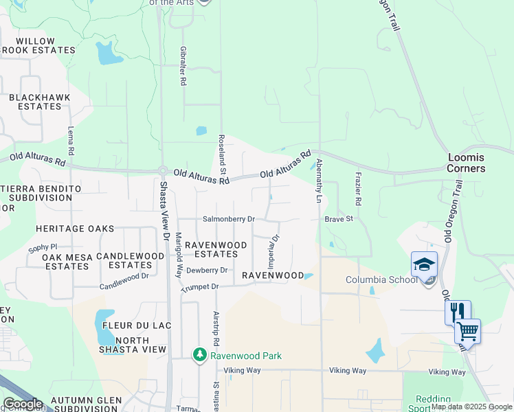 map of restaurants, bars, coffee shops, grocery stores, and more near 2861 Salmonberry Drive in Redding