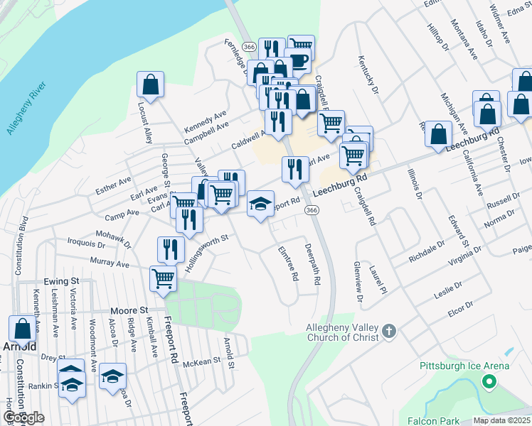 map of restaurants, bars, coffee shops, grocery stores, and more near 110 Elmtree Road in New Kensington