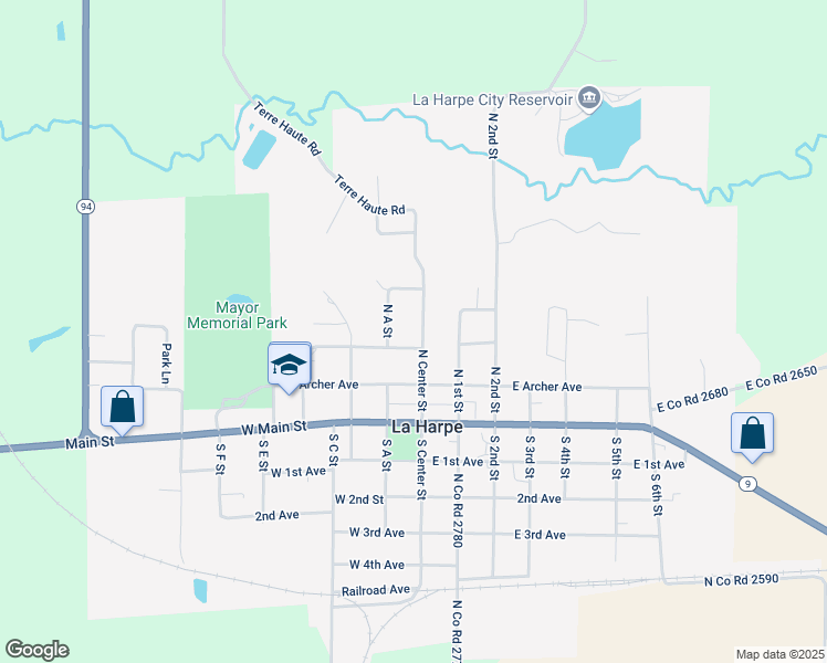 map of restaurants, bars, coffee shops, grocery stores, and more near 101-109 West Burlington Avenue in La Harpe