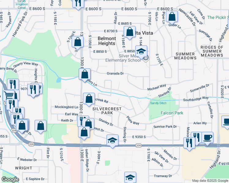 map of restaurants, bars, coffee shops, grocery stores, and more near 1482 Waters Lane in Sandy
