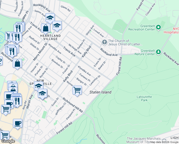 map of restaurants, bars, coffee shops, grocery stores, and more near 449 Klondike Avenue in Staten Island