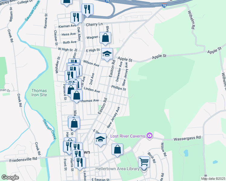 map of restaurants, bars, coffee shops, grocery stores, and more near 1230 Detweiler Avenue in Hellertown