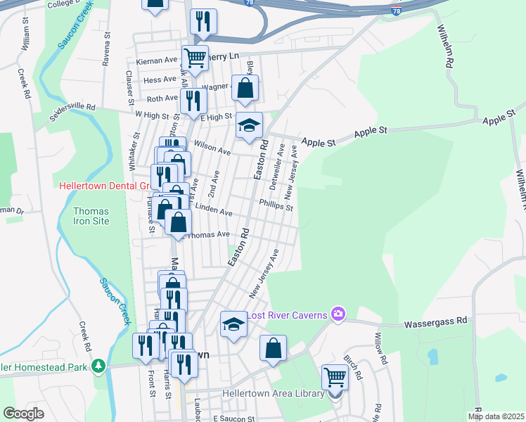 map of restaurants, bars, coffee shops, grocery stores, and more near 1230 Detweiler Avenue in Hellertown